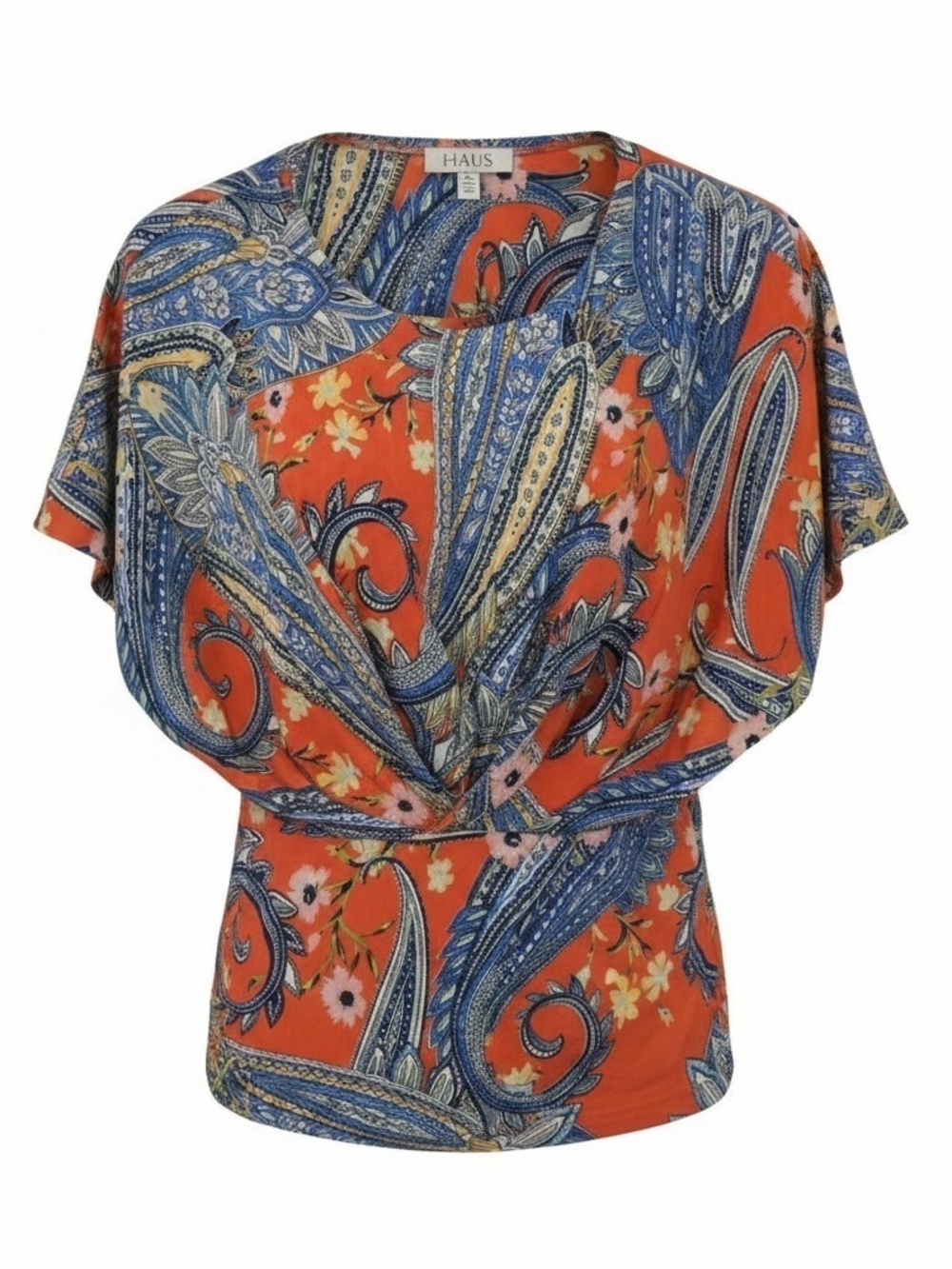 Chaus Orange and Blue Paisley Draped Blouse - Medium